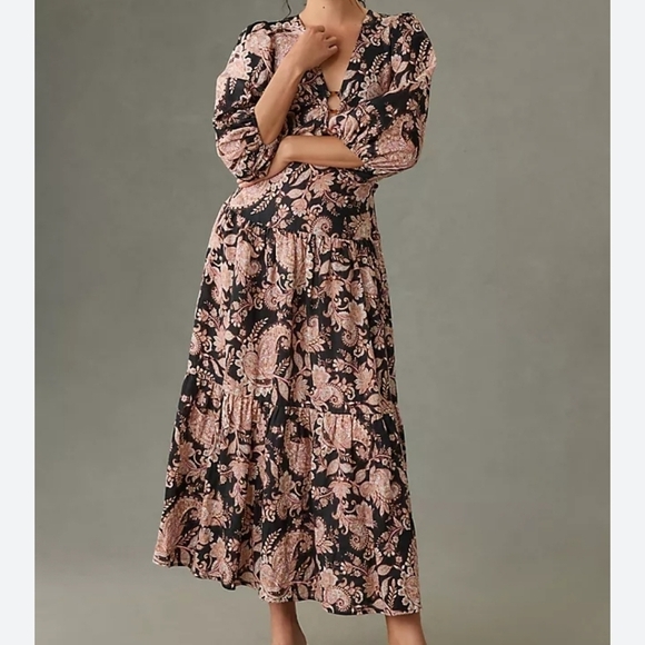 Anthropologie KIVARI V-Neck Puff Sleeve Linen Midi Dress - Picture 2 of 12